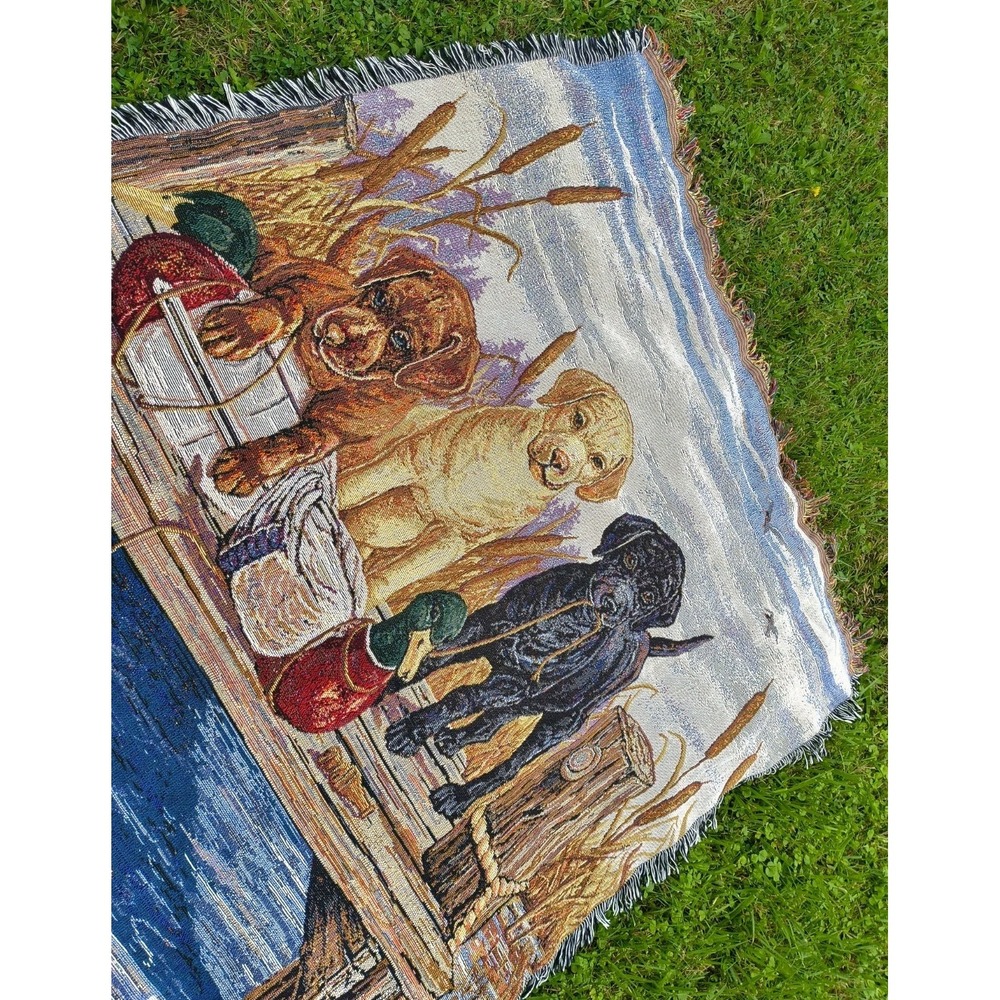 Vintage 1990s-Y2K Woven Jacquard Labrador Pups Lakeside Dock Tapestry 5ft x 4ft